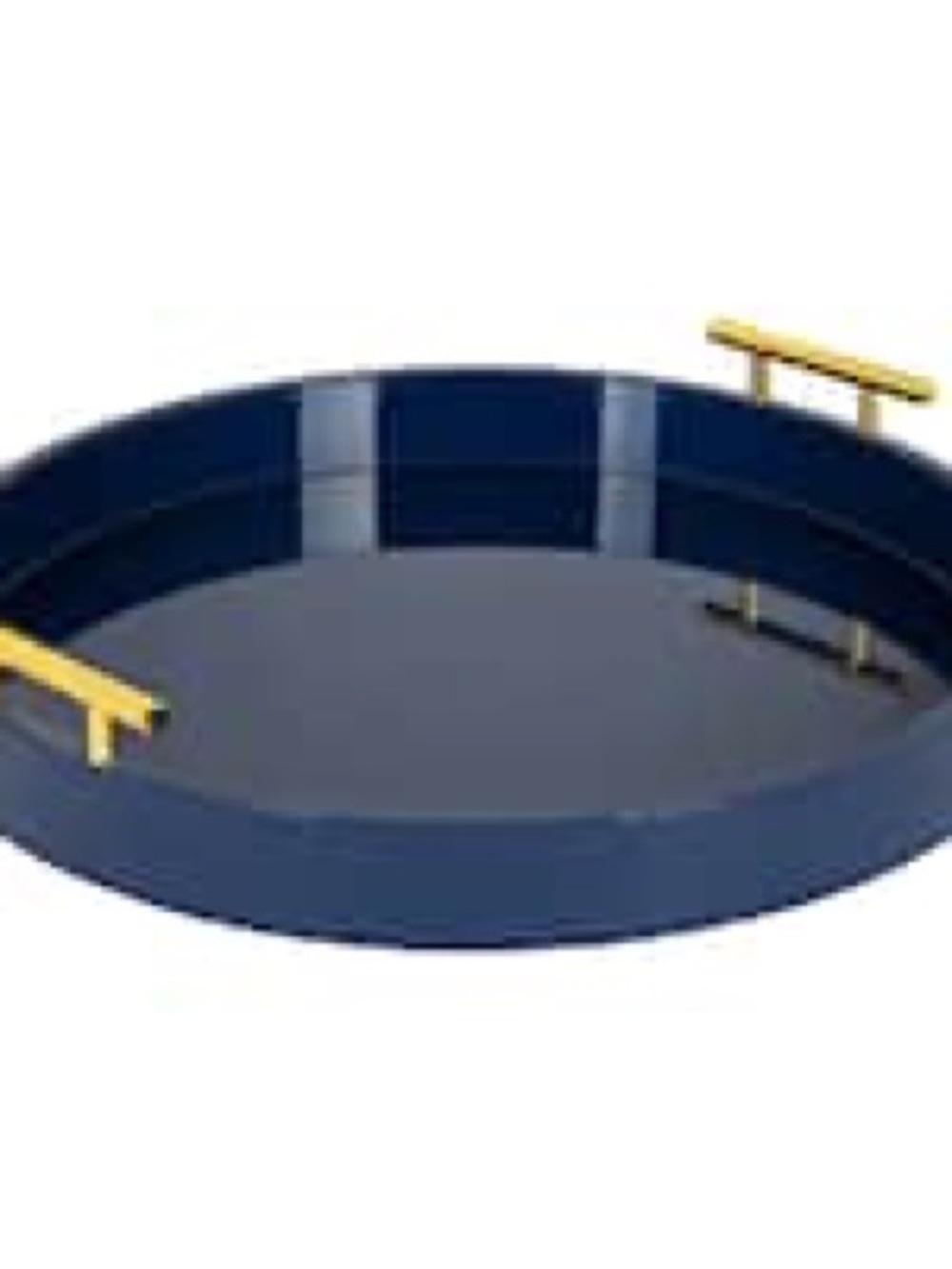 Kate and Laurel Lipton Modern Round Tray in navy blue with gold metal handles.